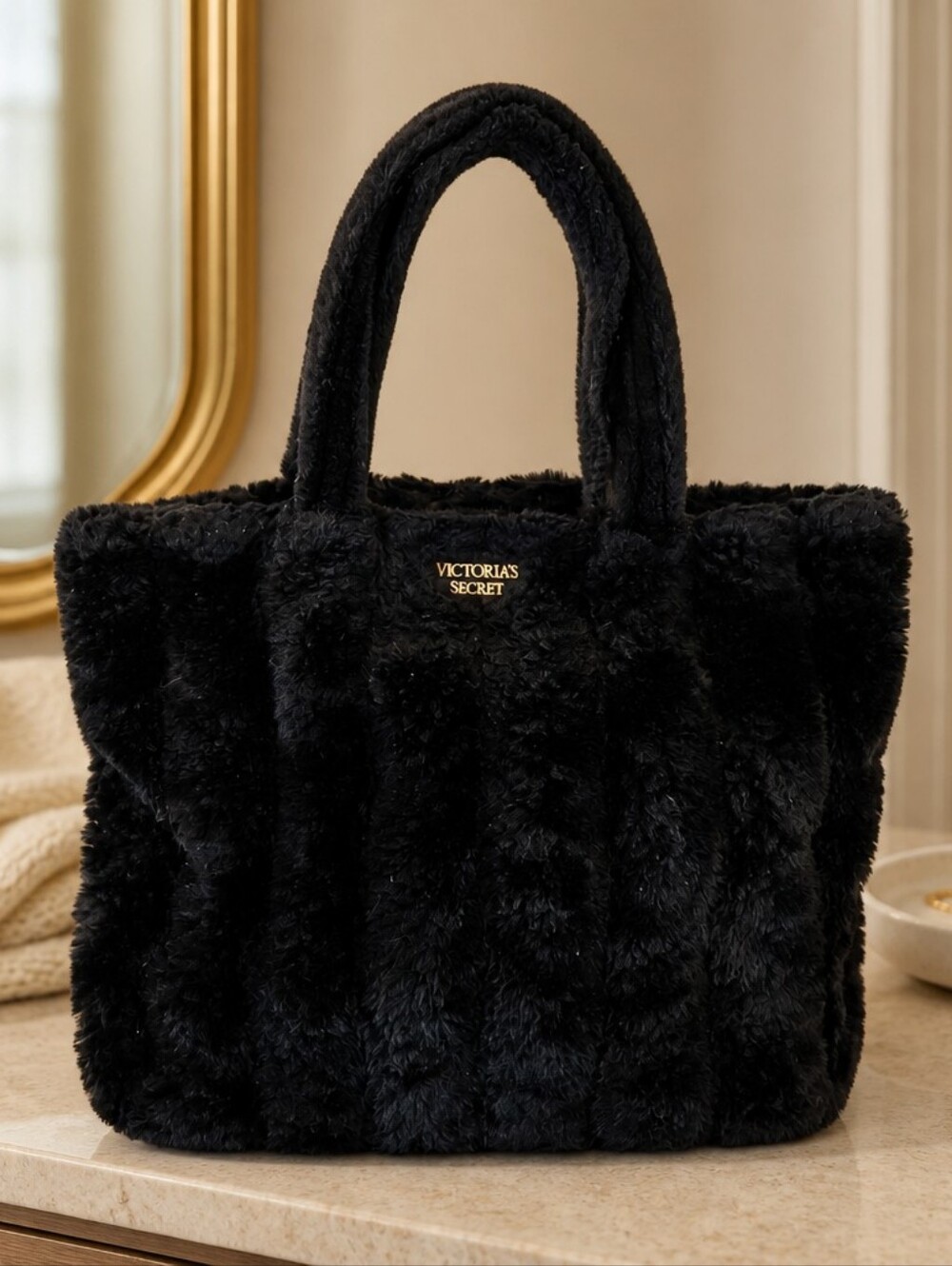Victoria's Secret Black Faux Fur Tote